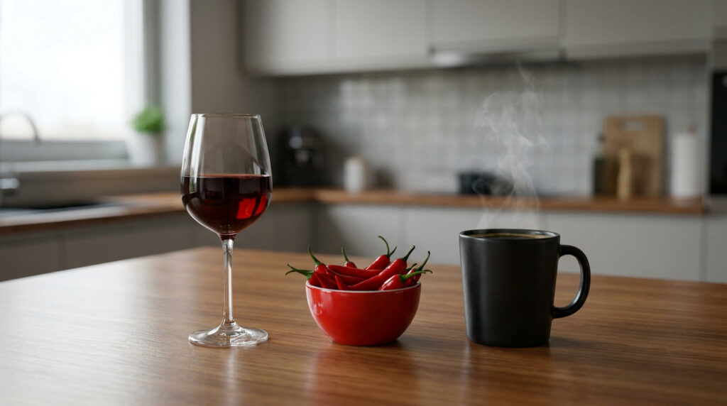 Un verre de vin, un bol de piments et une tasse de café fumant sur une table de cuisine.