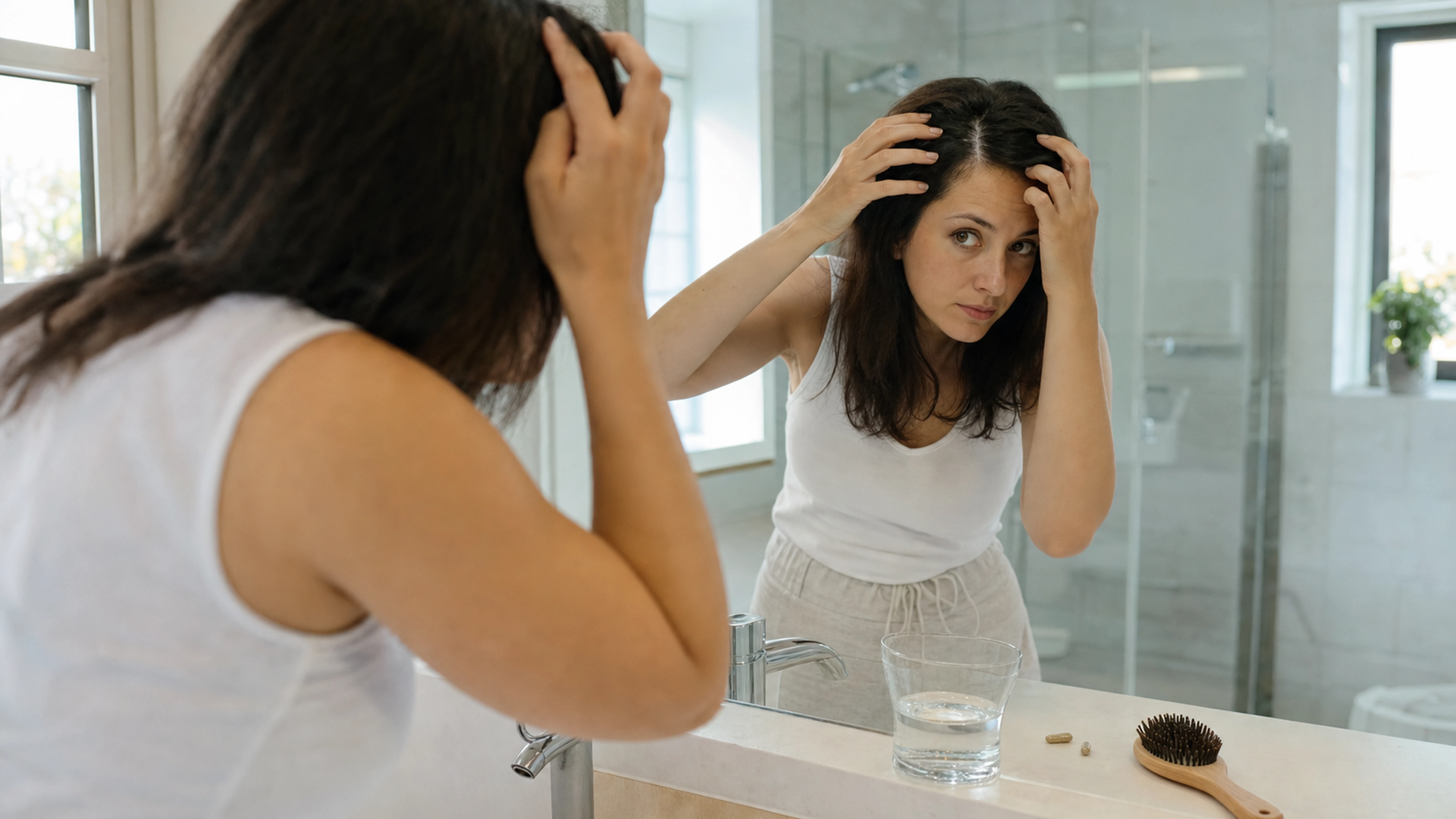 Femme observant la densité de ses cheveux devant un miroir