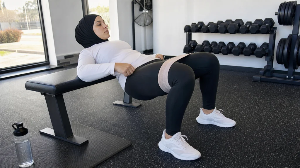Femme réalisant un hip thrust avec une bande élastique