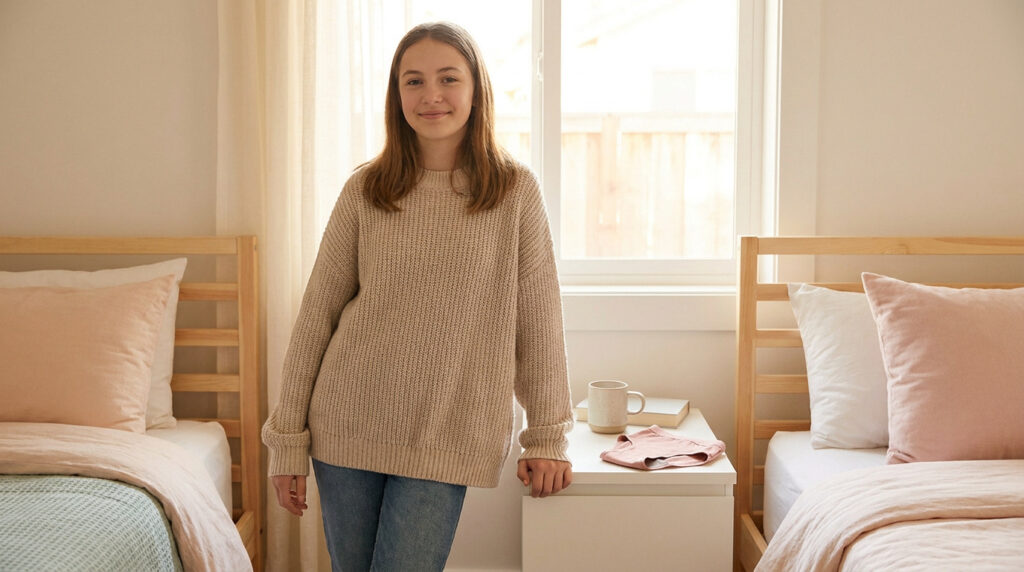 Une jeune fille souriante dans sa chambre avec une culotte menstruelle posée sur sa table de nuit.