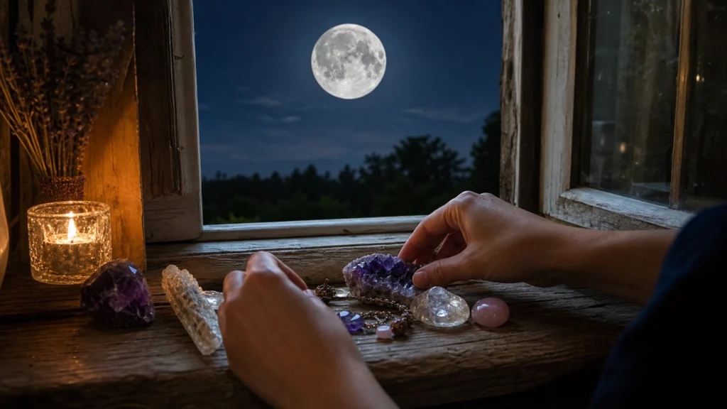 Pierres naturelles disposées sur un rebord de fenêtre à la pleine lune