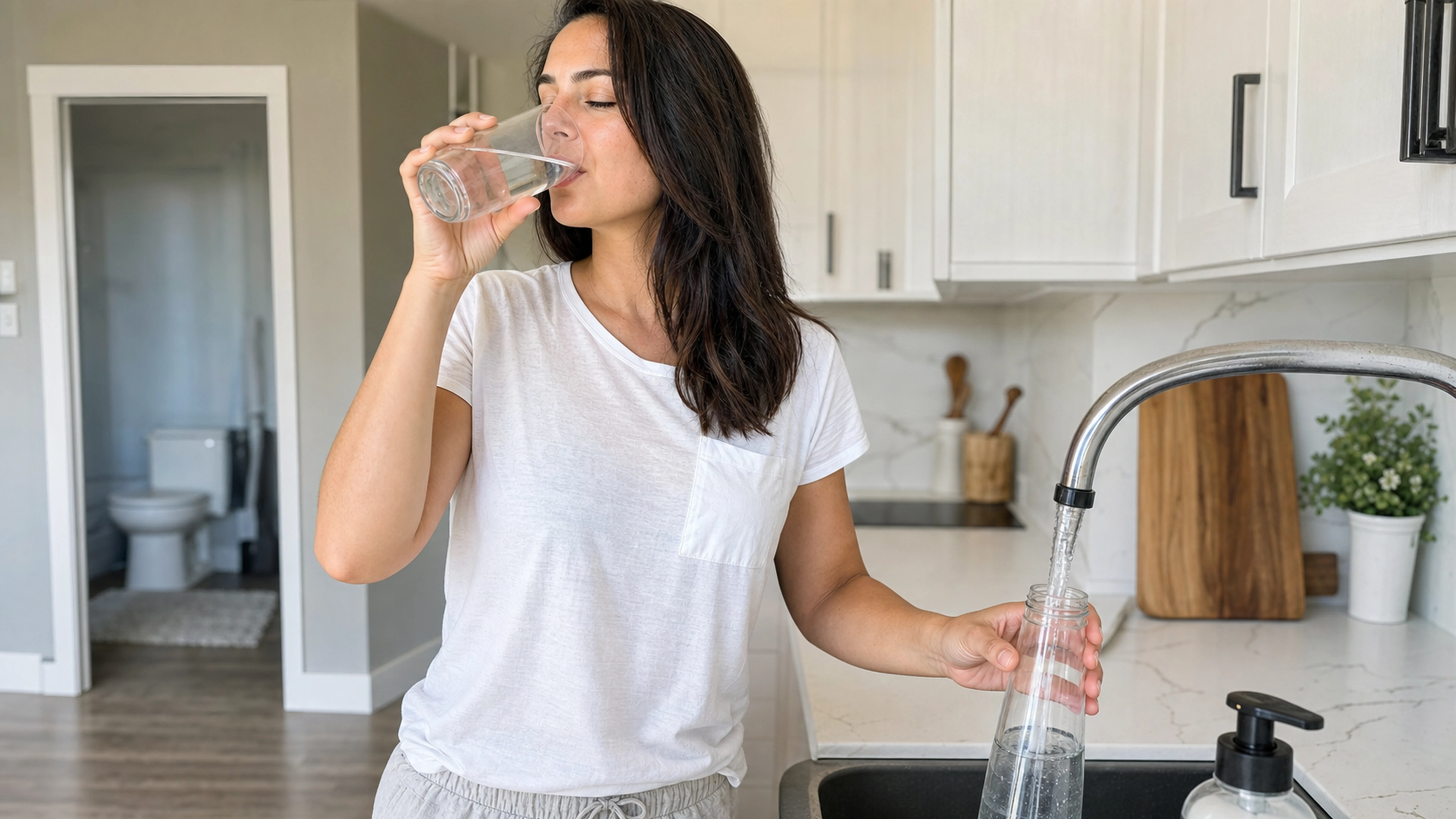 Femme buvant de l’eau pour soutenir son confort urinaire