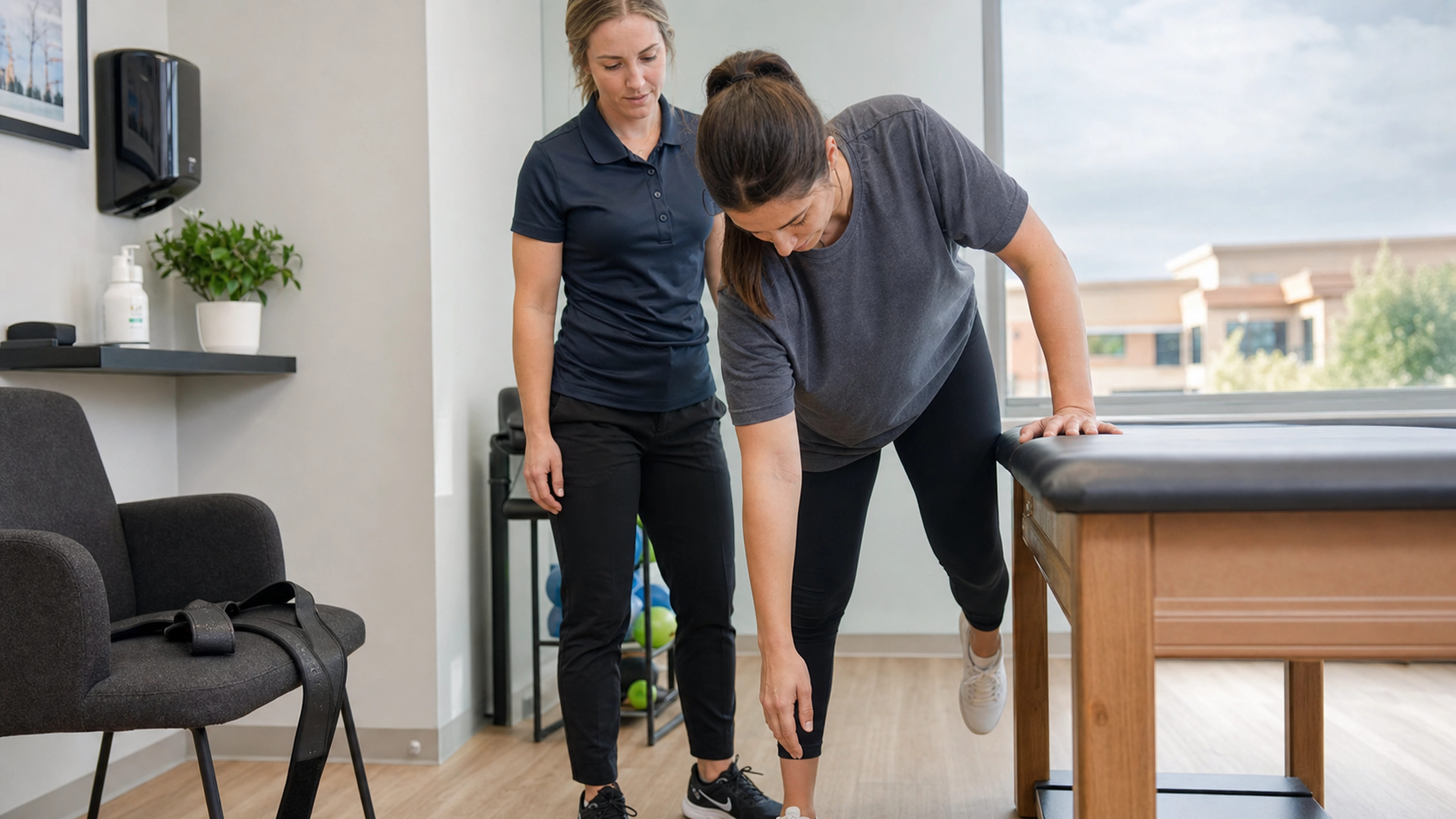 Patient effectuant un exercice pendulaire sous la supervision d’une kinésithérapeute