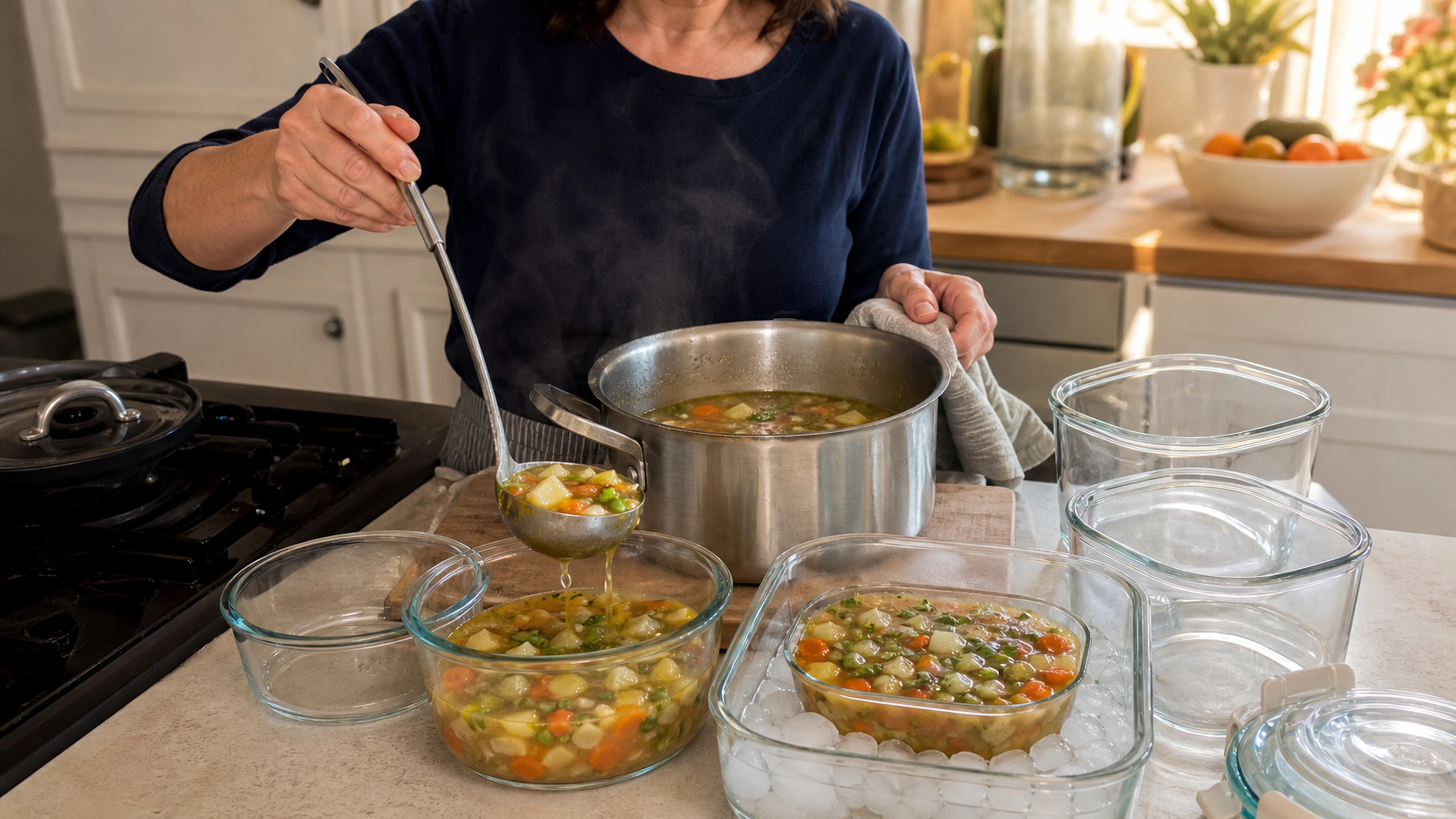 Soupe maison répartie dans des bocaux en verre pour la conserver