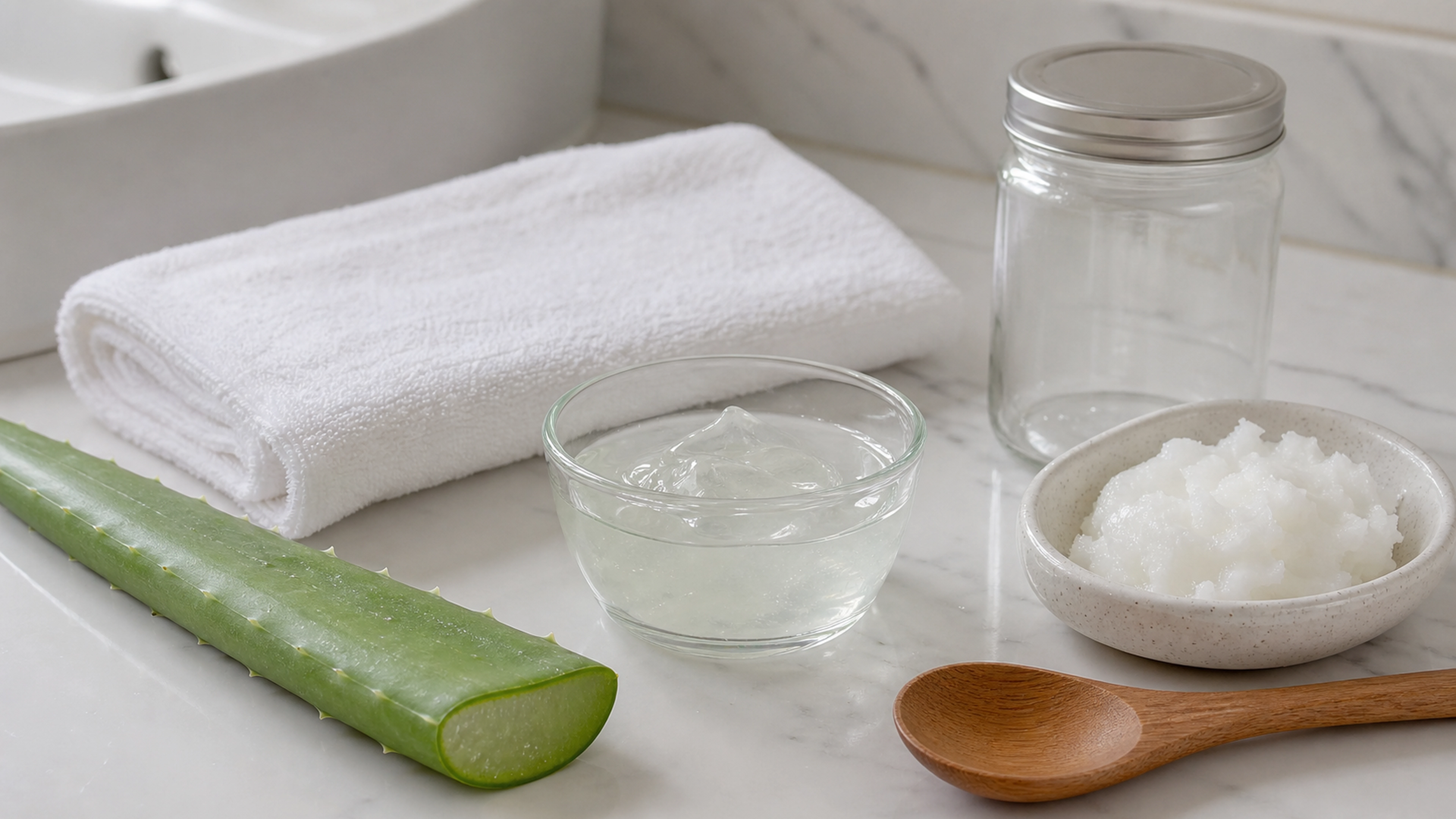 Huile de coco et gel d’aloe vera présentés dans des contenants propres