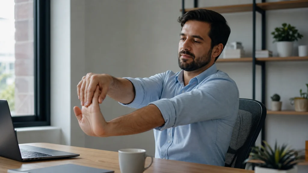 Employée de bureau réalisant un étirement des bras et des poignets