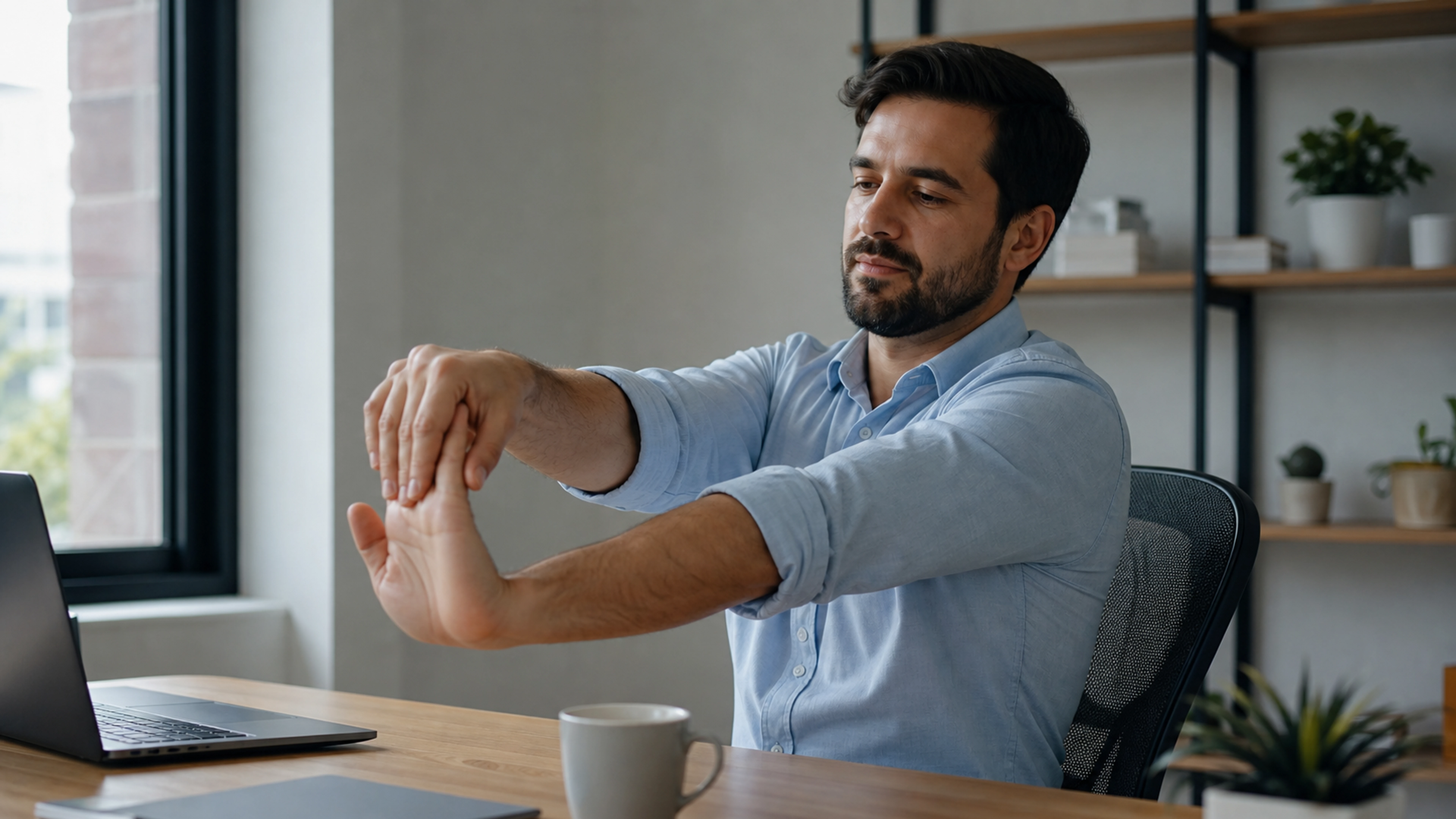 Employée de bureau réalisant un étirement des bras et des poignets