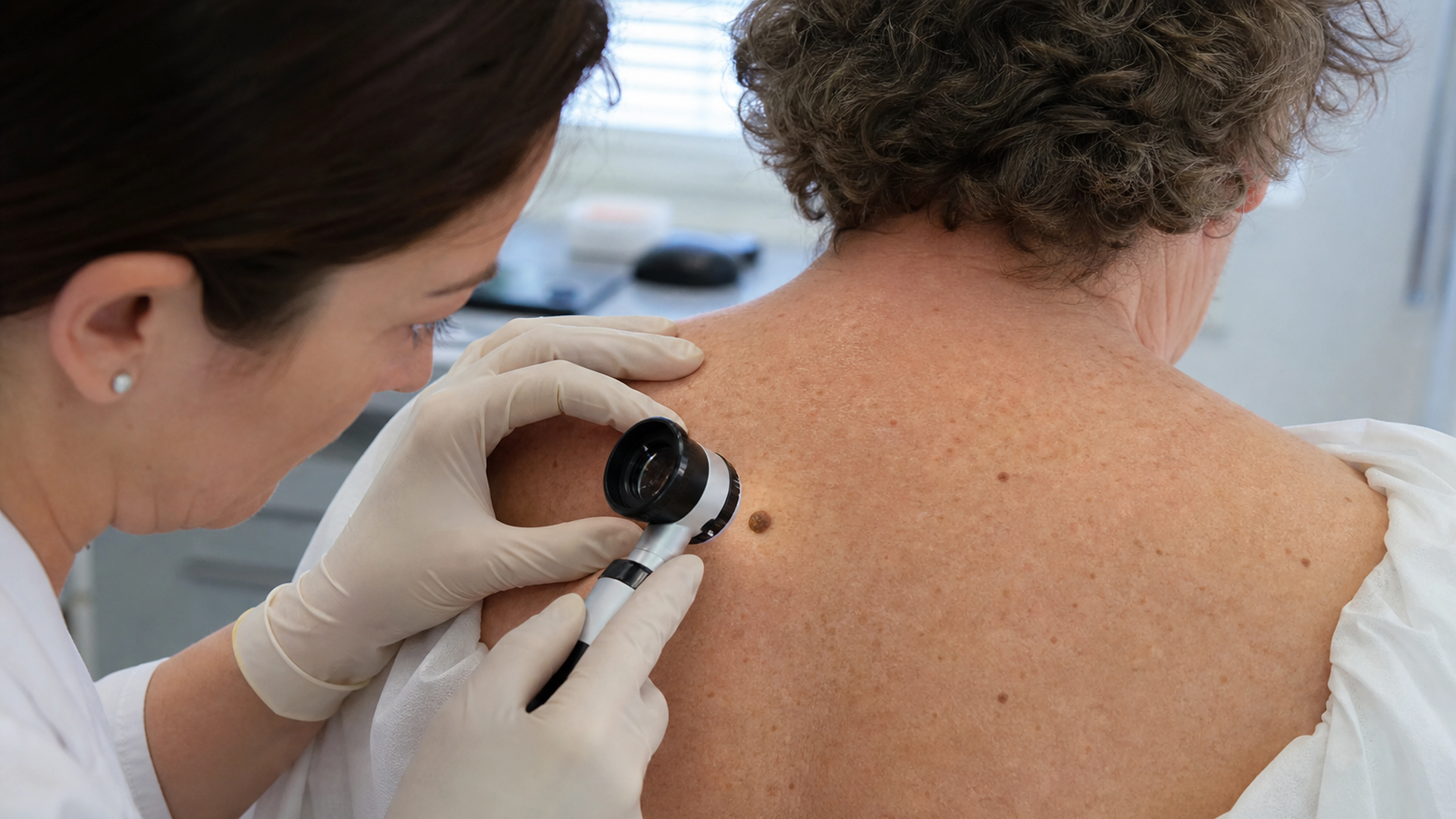 Dermatologue examinant une kératose séborrhéique avec un dermatoscope