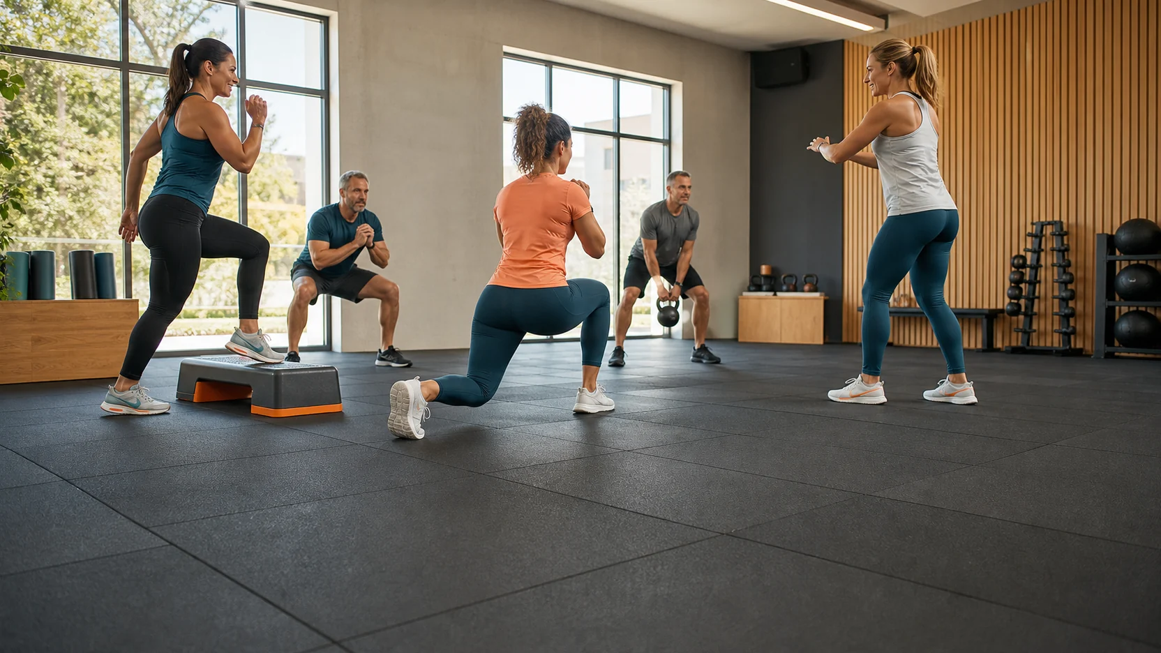 Cours collectif de fitness sur un sol modulaire en caoutchouc