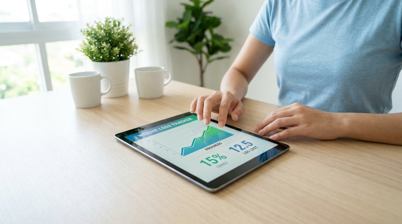 Une personne consulte un graphique de perte de poids sur une tablette posée sur une table en bois.