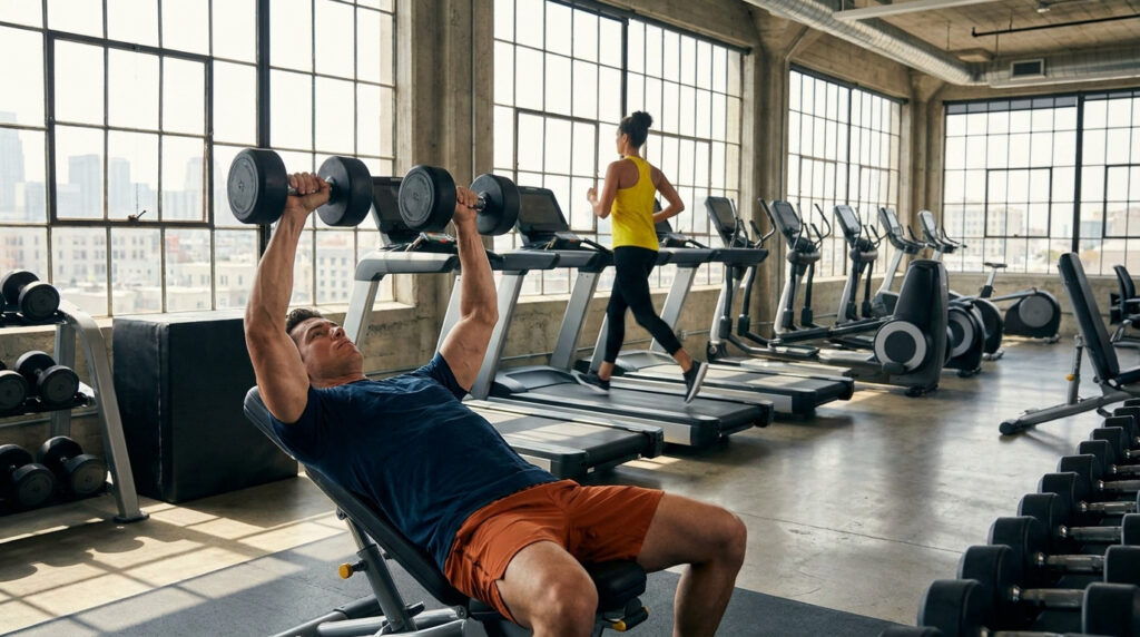 Un homme fait du développé incliné aux haltères tandis qu'une femme court sur un tapis de course dans une salle de sport.