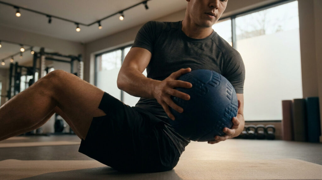 Homme faisant un russian twist avec un ballon lesté bleu dans une salle de sport moderne.