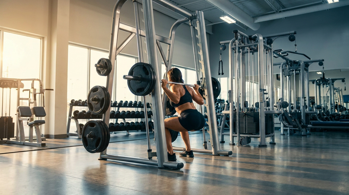 Une femme effectuant un squat avec une barre guidée dans une salle de sport moderne et lumineuse.