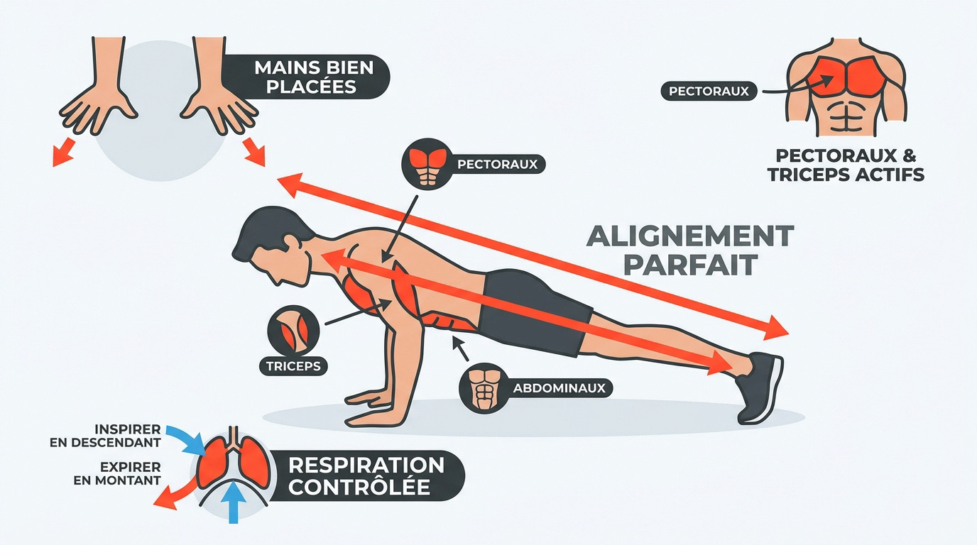 Illustration de la position correcte pour réaliser des pompes avec alignement du corps
