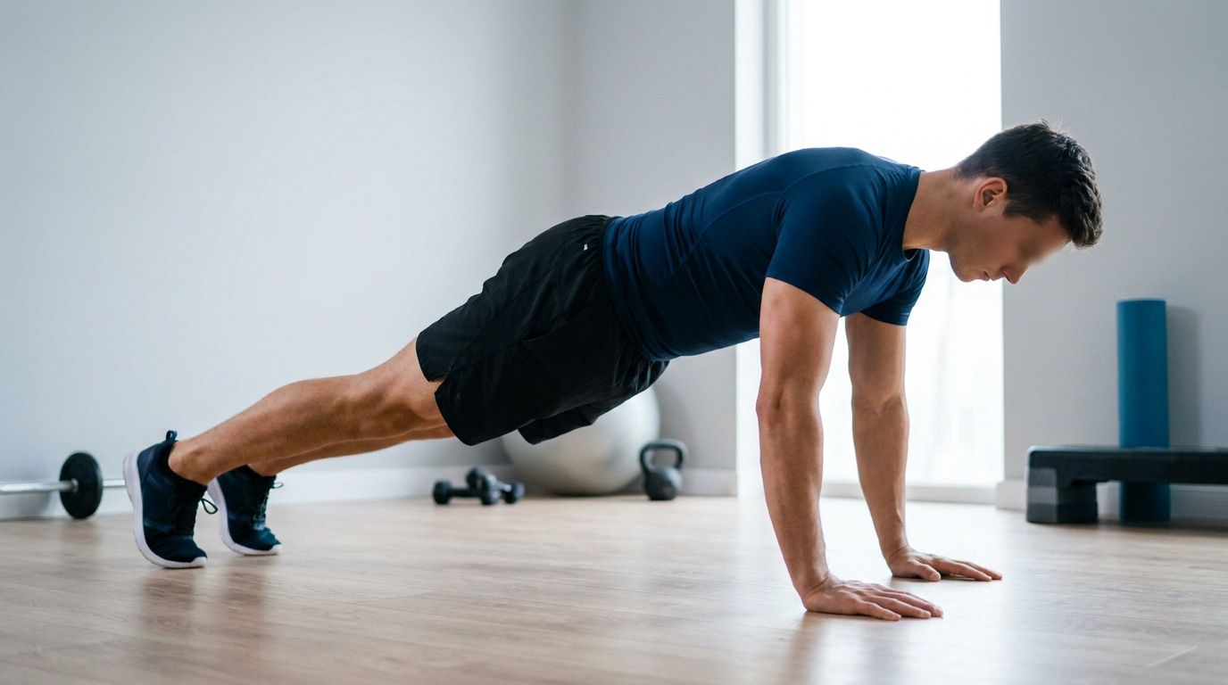 Un homme en t-shirt bleu et short noir en position de planche au début d'une pompe dans une salle de sport.