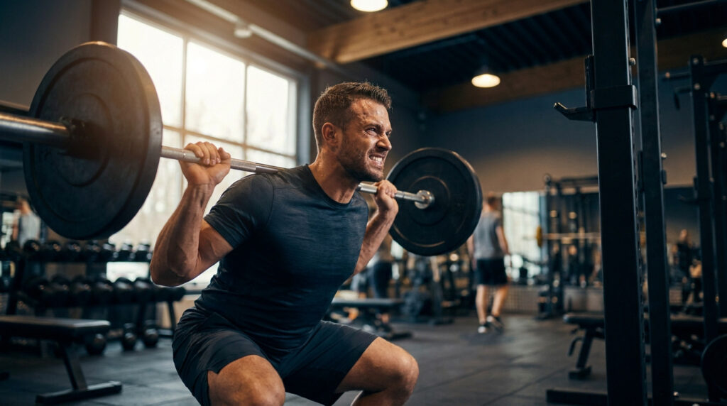 Un athlète concentré effectuant une répétition intense de squat à la barre dans une salle de sport bien éclairée.