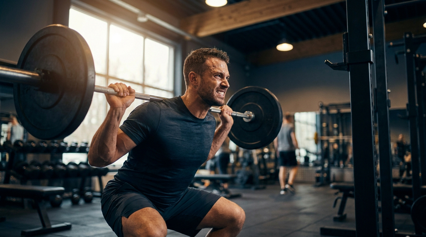 Un athlète concentré effectuant une répétition intense de squat à la barre dans une salle de sport bien éclairée.