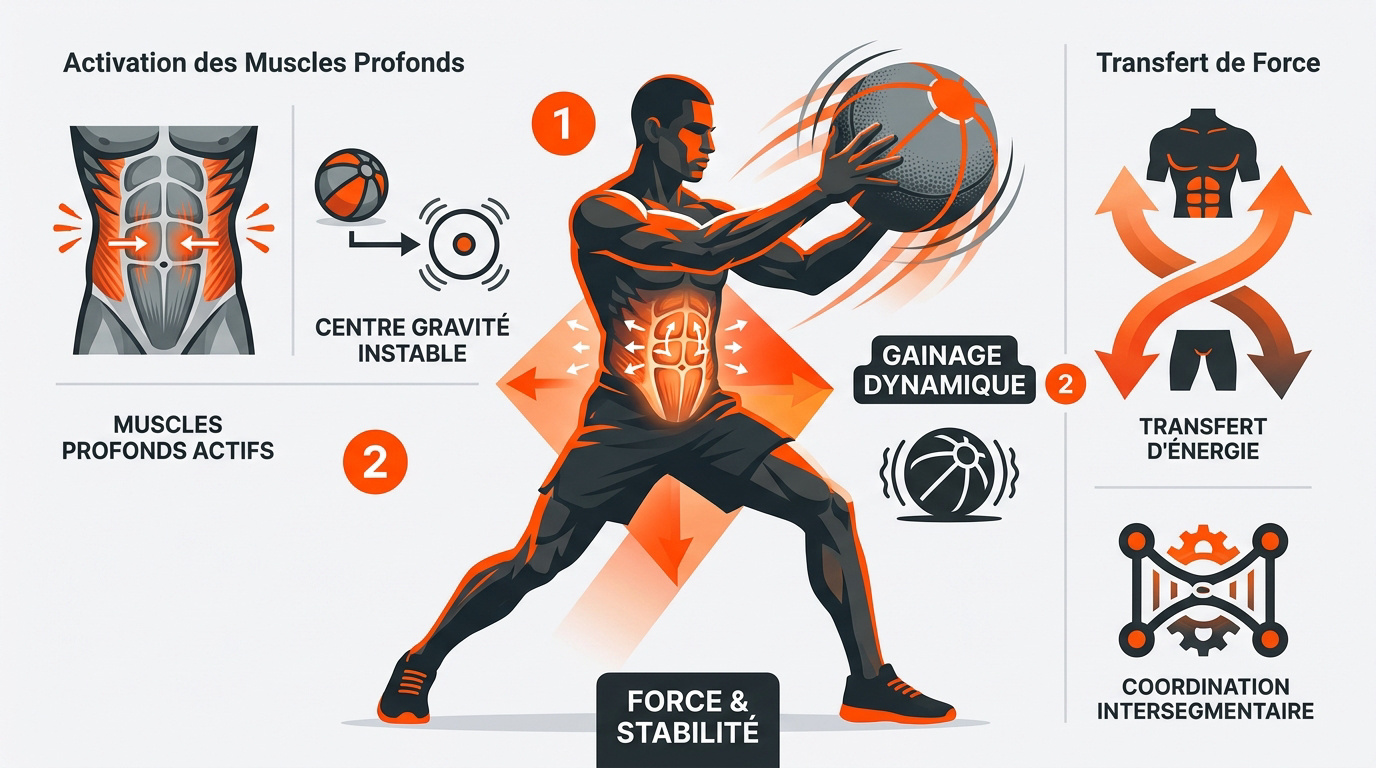 Infographie sur le gainage dynamique avec médecine-ball
