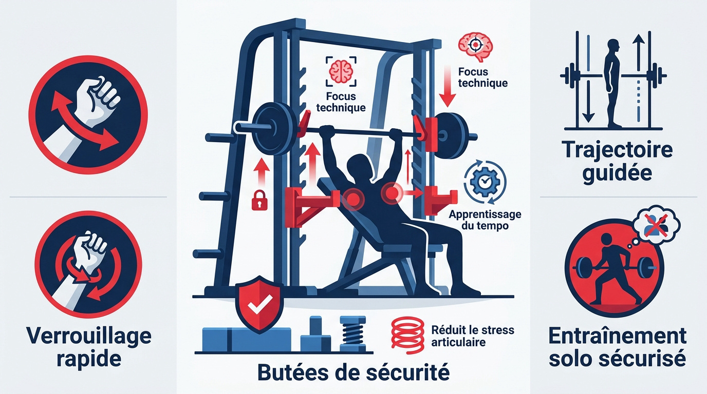Infographie expliquant la sécurité et la technique sur une barre guidée Smith Machine