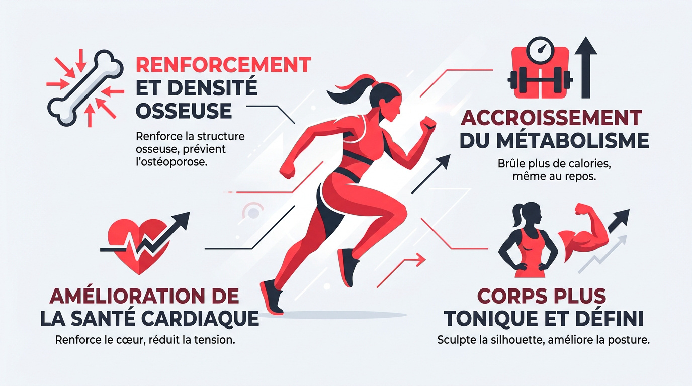 Infographie détaillant les bienfaits de la musculation sur la santé osseuse et la posture chez la femme
