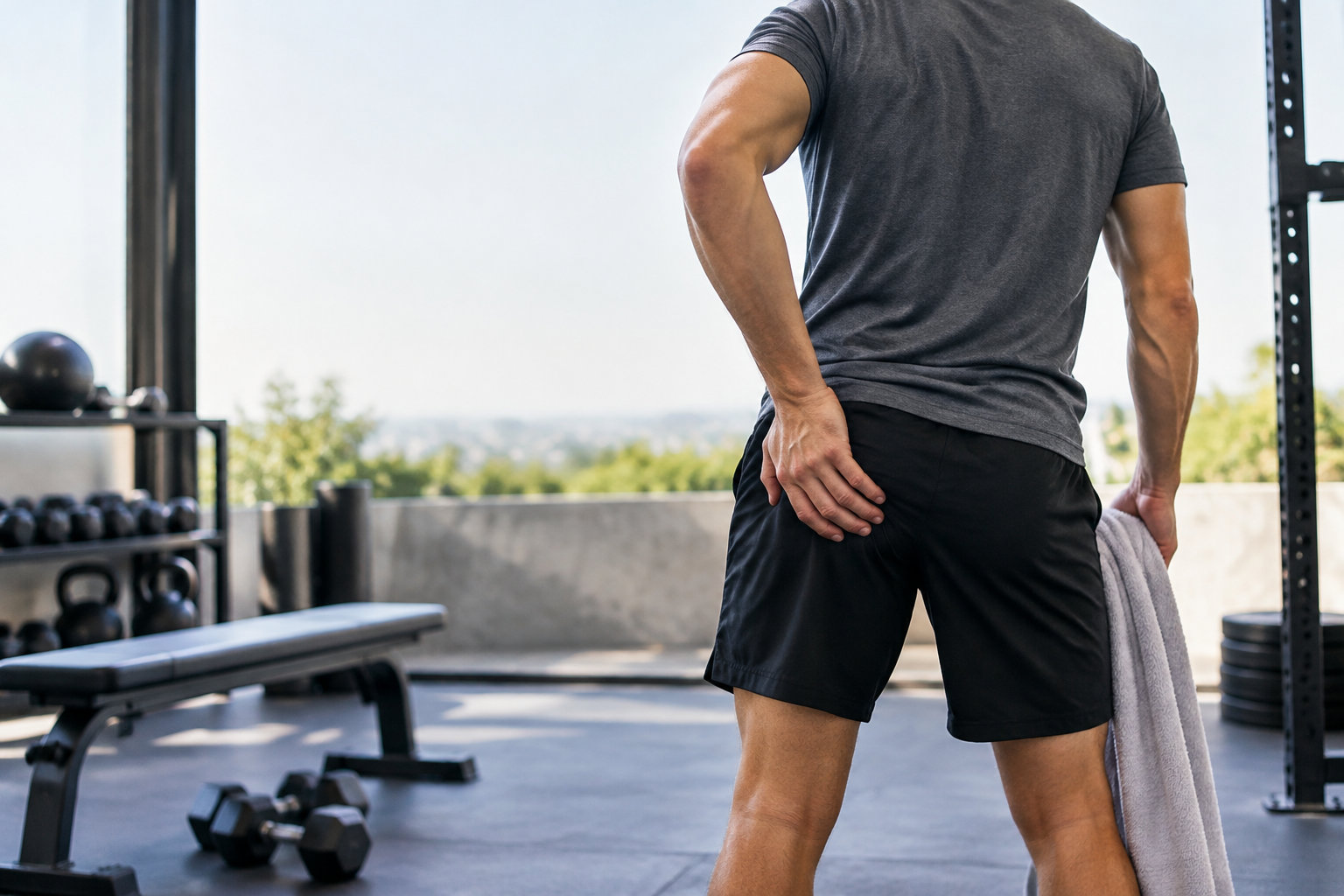 Un homme en tenue de sport dans une salle de gym se tient la fesse, montrant une gêne ou une douleur localisée.