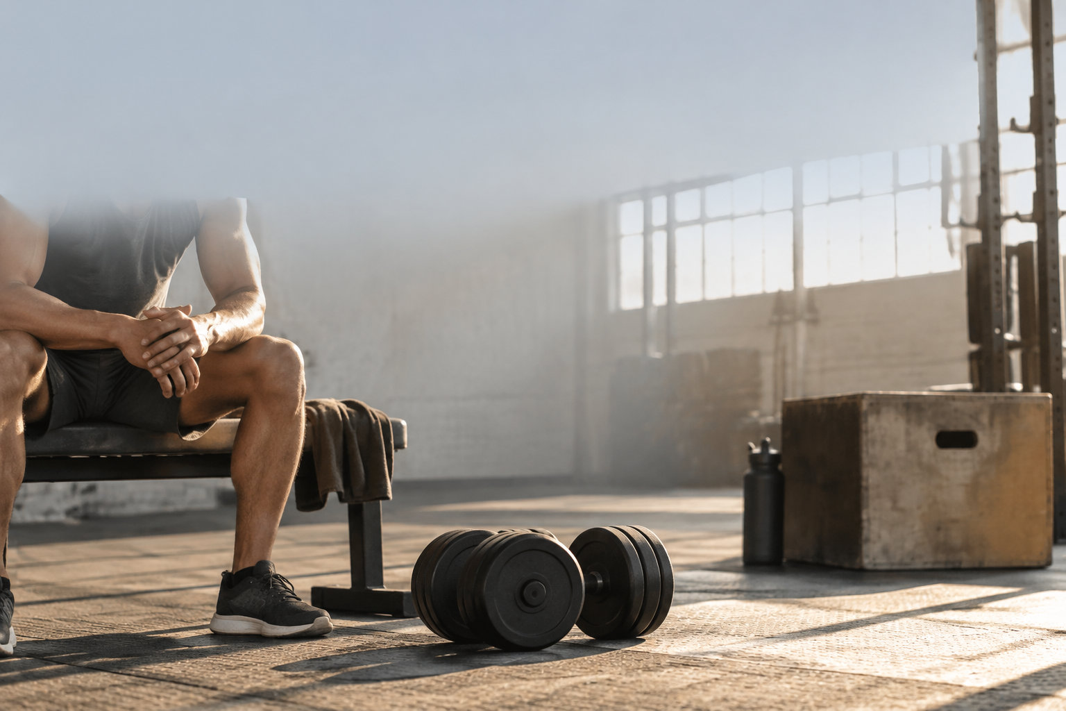 Un athlète assis sur un banc de musculation, se reposant après un entraînement intense, avec des haltères au sol.