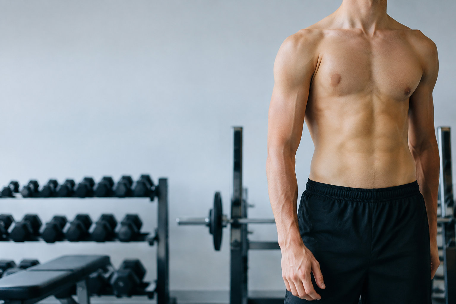 Torse d'un homme présentant un syndrome de Poland dans une salle de sport.
