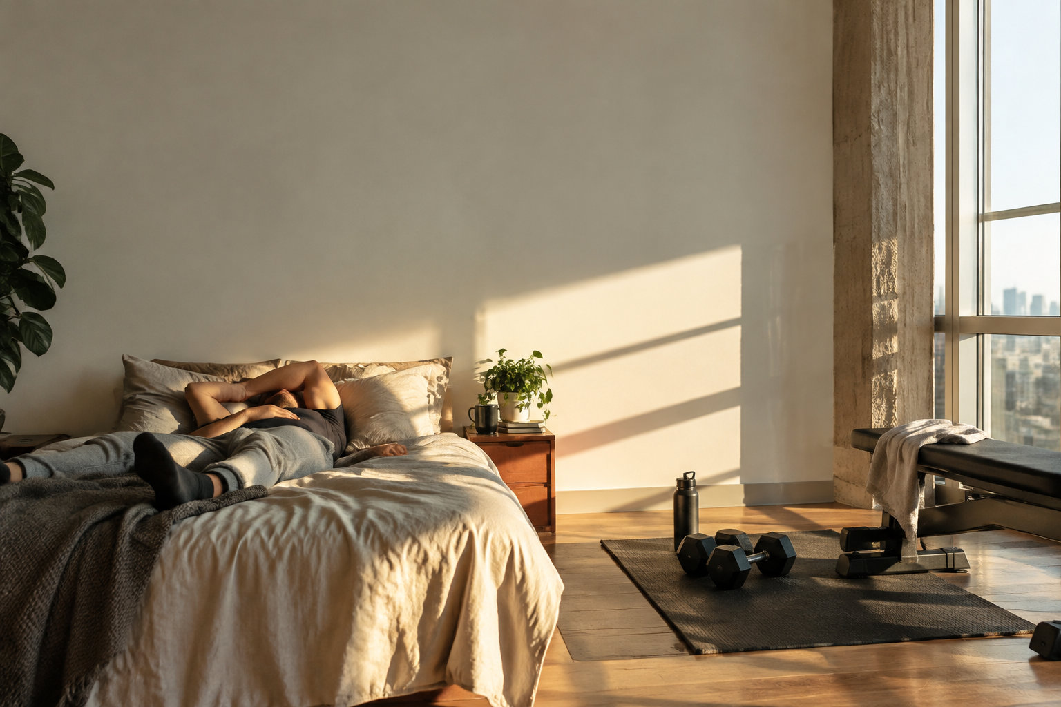 Un homme fait une sieste dans une chambre lumineuse avec des haltères et un banc de musculation à proximité.