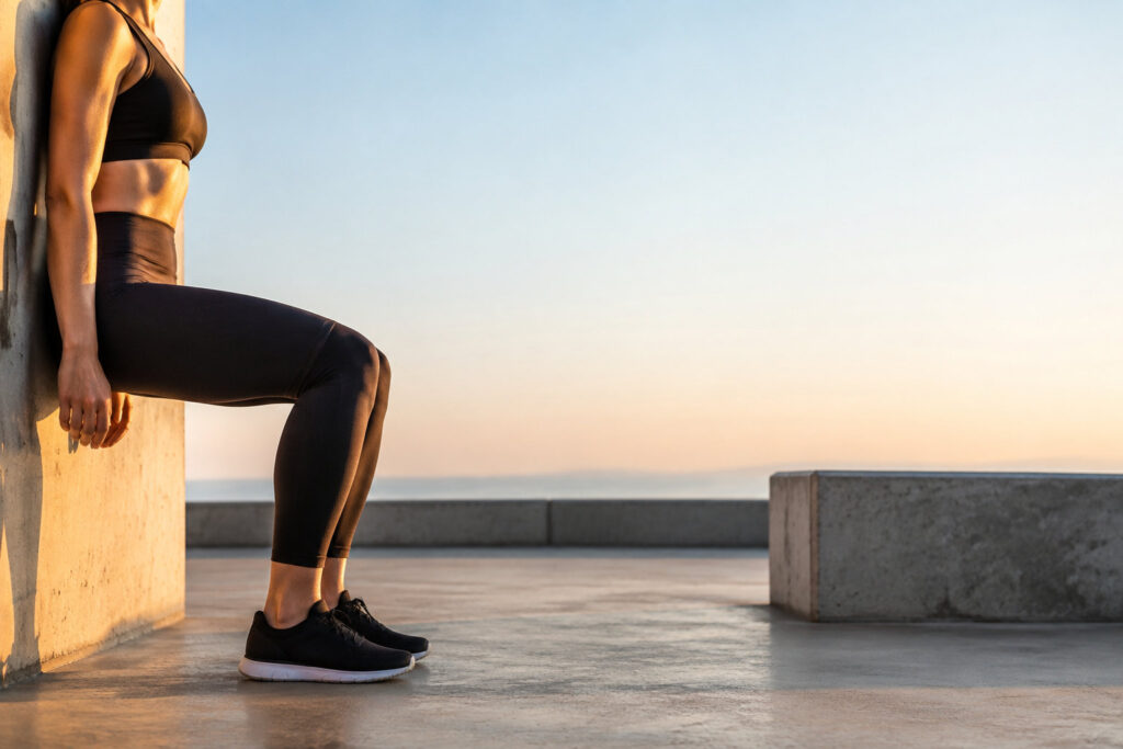 Une athlète en tenue de sport réalise une chaise contre un mur lors d'un entraînement en extérieur au coucher du soleil.