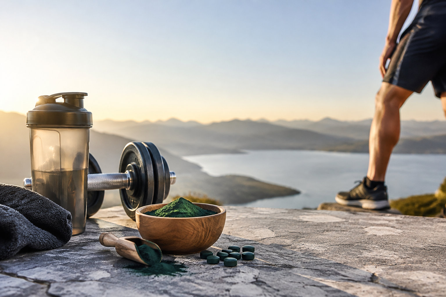 Bols de poudre de spiruline, haltère et shaker avec un athlète en arrière-plan face à un paysage montagneux.