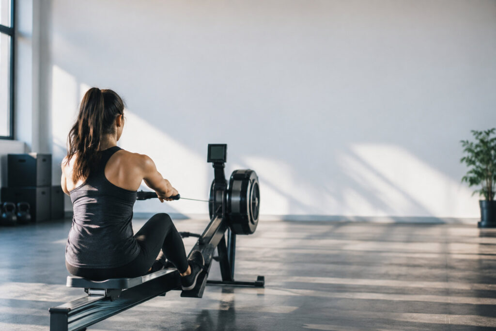 Une femme de dos fait du rameur dans une salle de sport lumineuse et minimaliste.