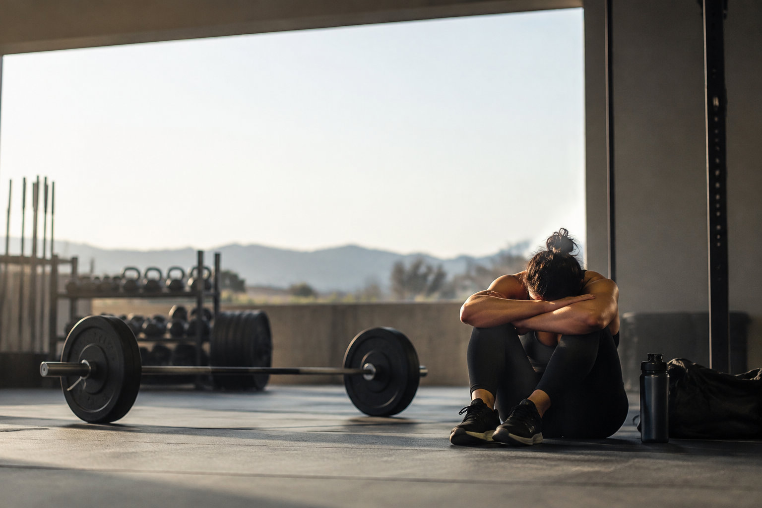 Une athlète épuisée est assise par terre dans une salle de sport avec des haltères en arrière-plan.
