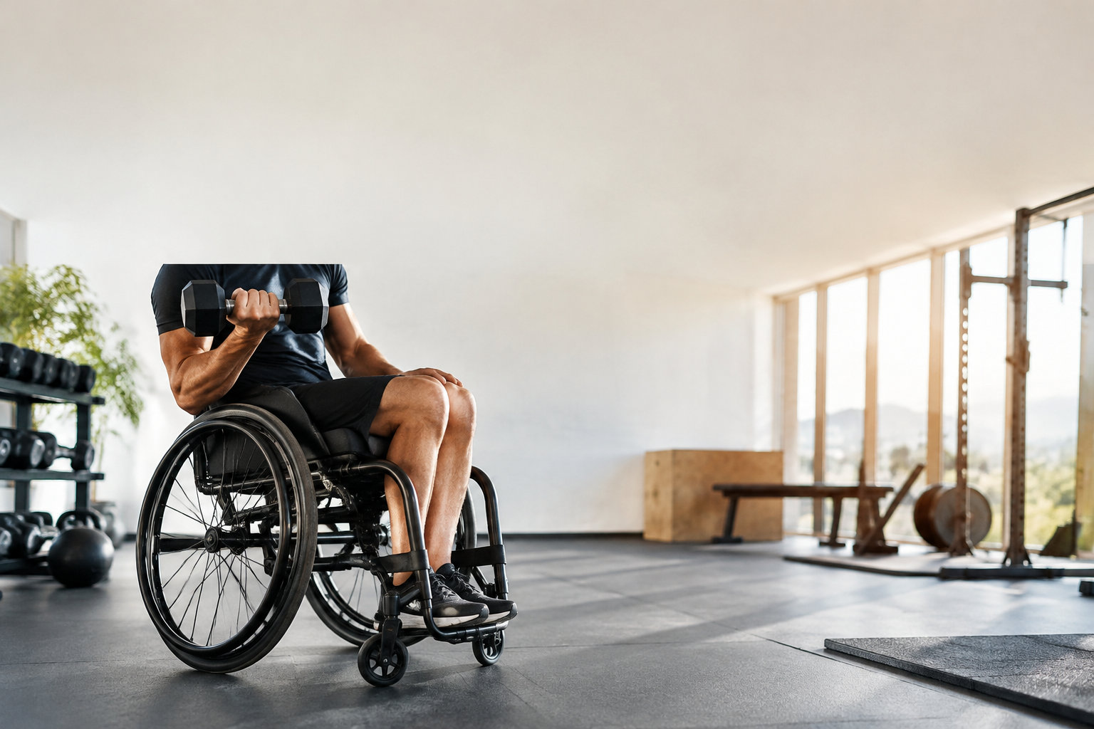 Personne en fauteuil roulant faisant des exercices avec un haltère dans une salle de sport lumineuse.