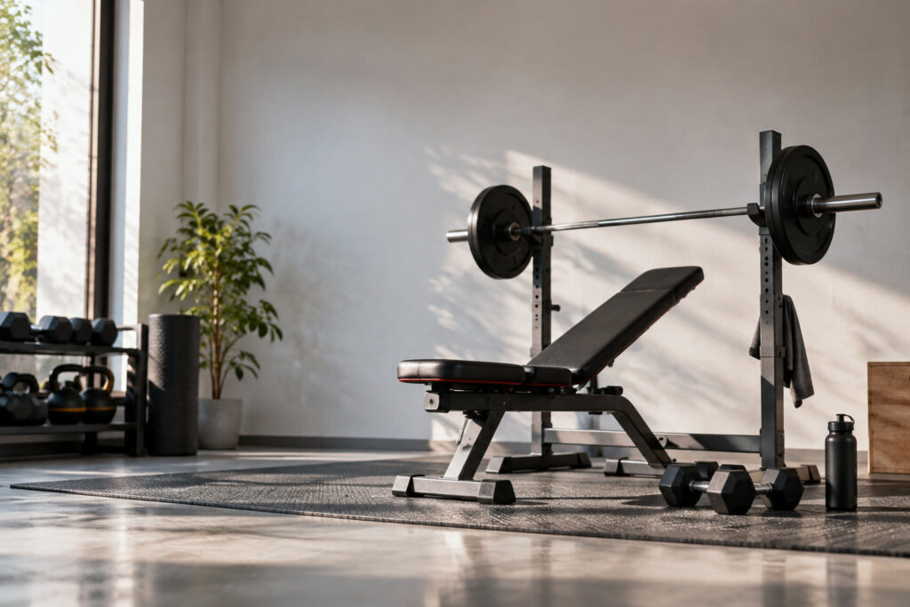 Banc de musculation incliné avec barre, haltères et tapis dans une salle de sport lumineuse et moderne.
