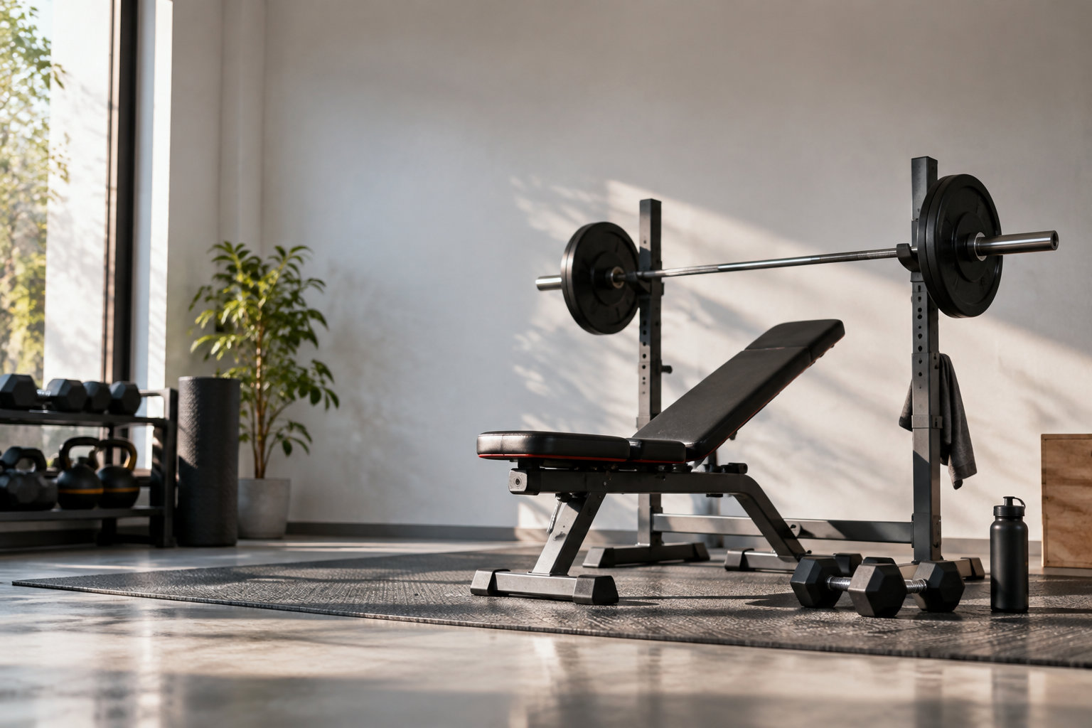 Banc de musculation incliné avec barre, haltères et tapis dans une salle de sport lumineuse et moderne.