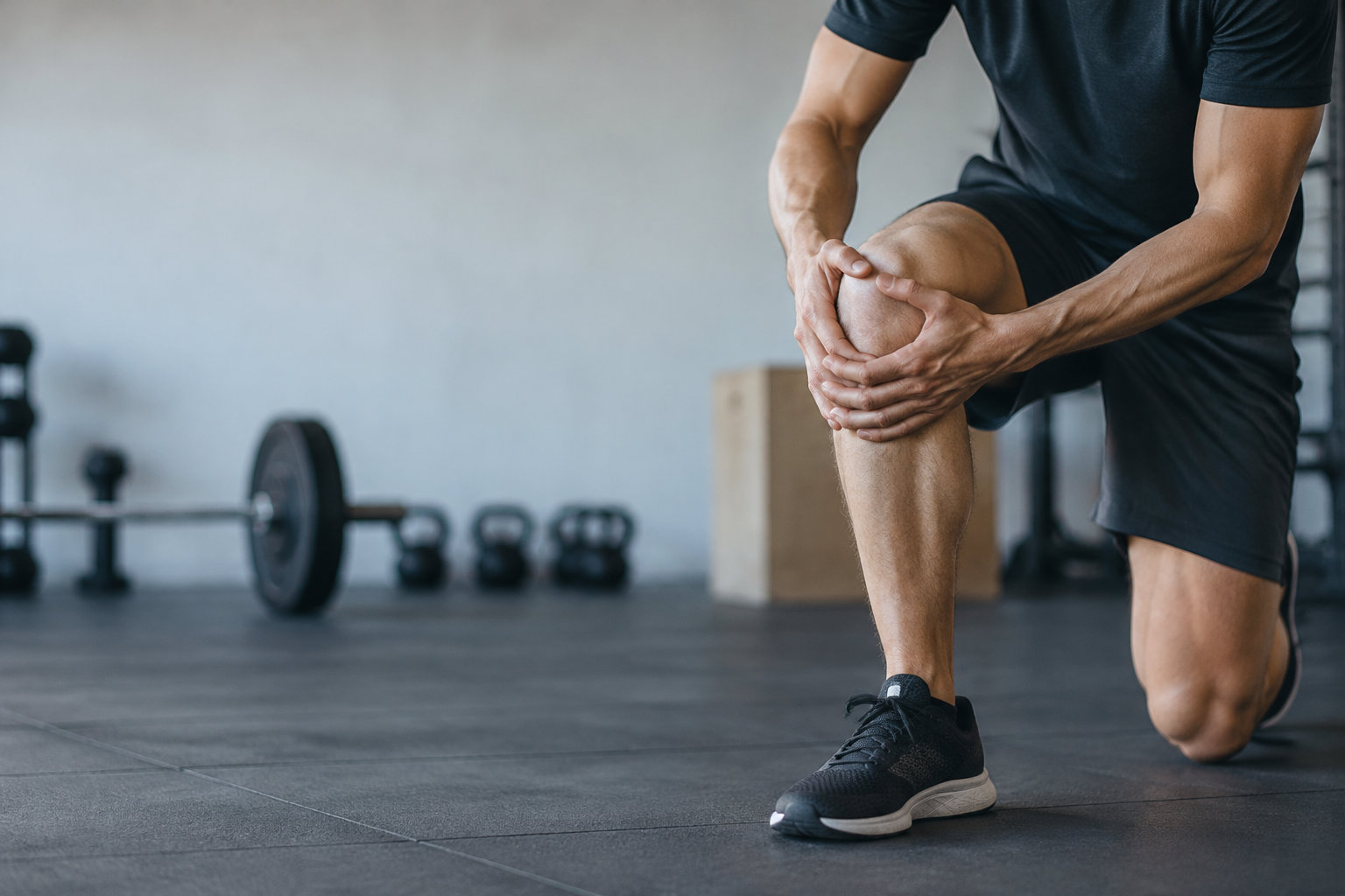 Un athlète en tenue de sport se tient le genou dans une salle de musculation, exprimant une douleur ou une gêne.