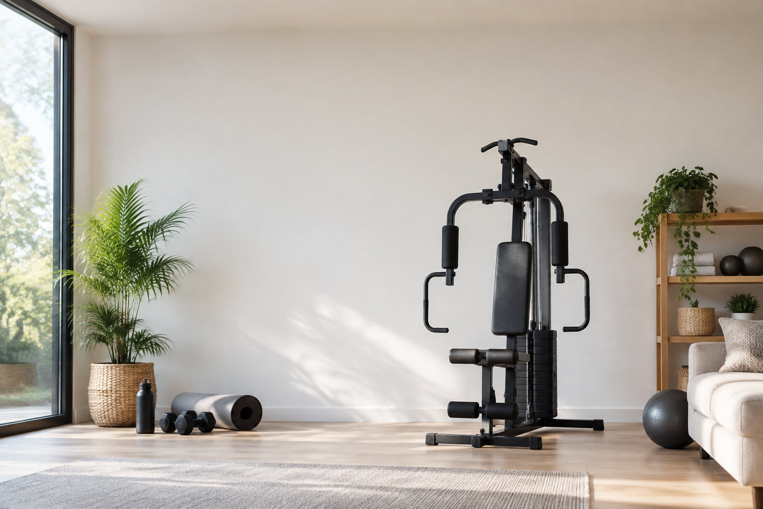 Station de musculation noire dans un salon lumineux et minimaliste avec une plante, des haltères et un tapis de yoga.