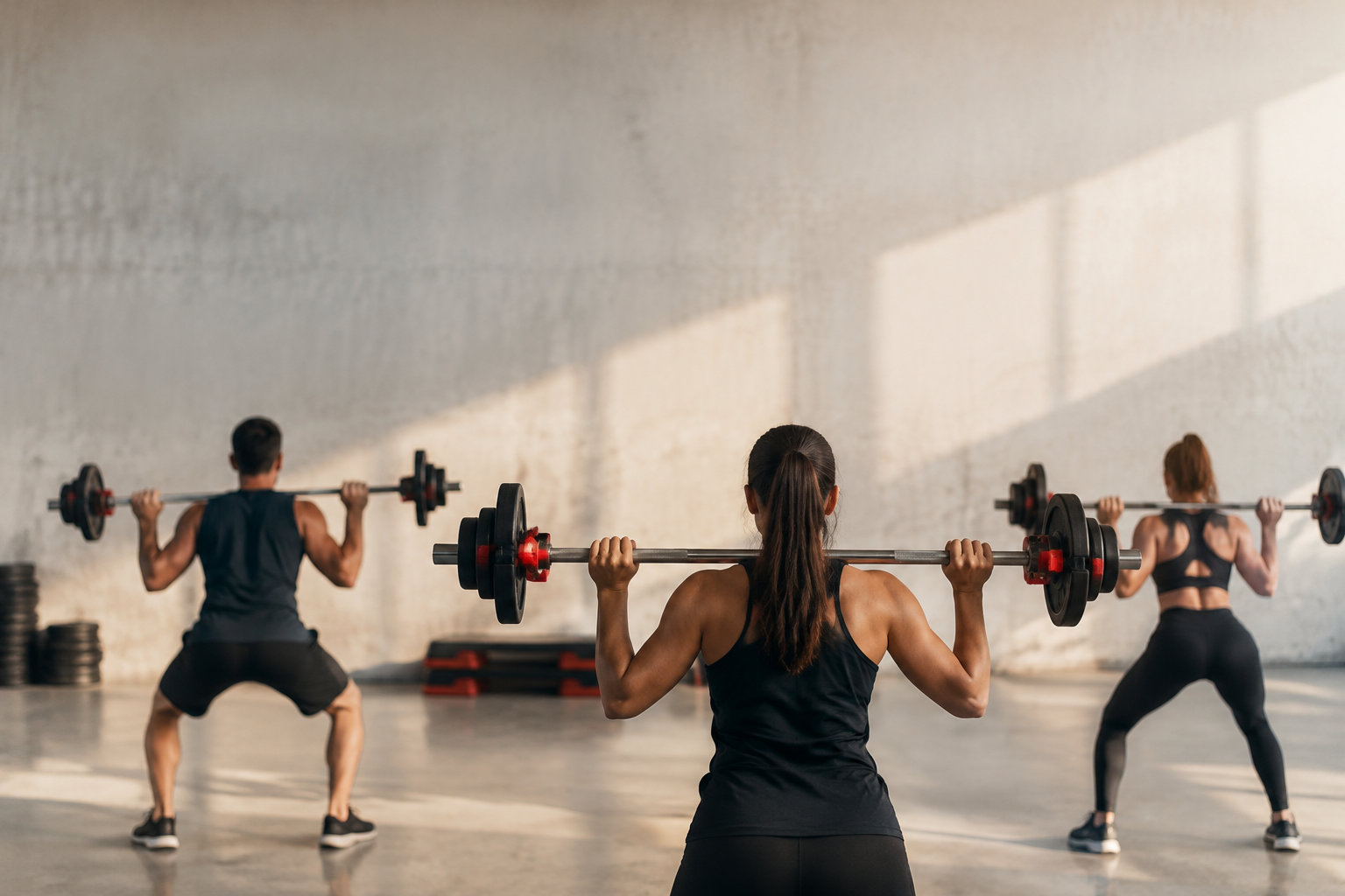 Trois personnes font des squats avec des barres lestées dans une salle de sport lumineuse, vue de dos.