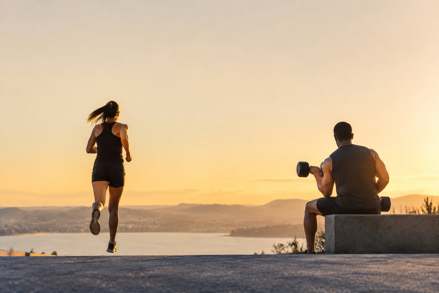 Une femme court pendant qu'un homme soulève des haltères au coucher du soleil avec une vue panoramique en fond.