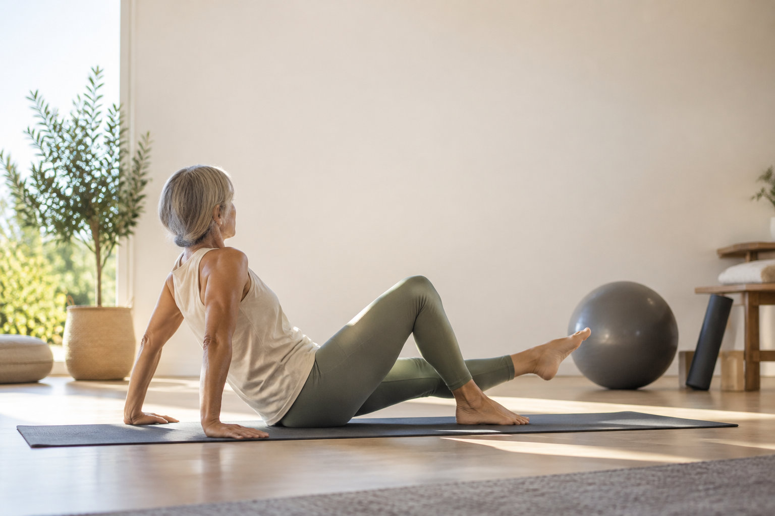 Une femme âgée pratiquant le Pilates sur un tapis dans un studio lumineux avec une plante et un ballon de gym.