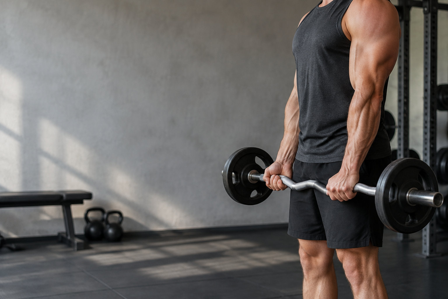Un athlète musclé tenant une barre EZ dans une salle de sport pour un exercice de renforcement des bras.