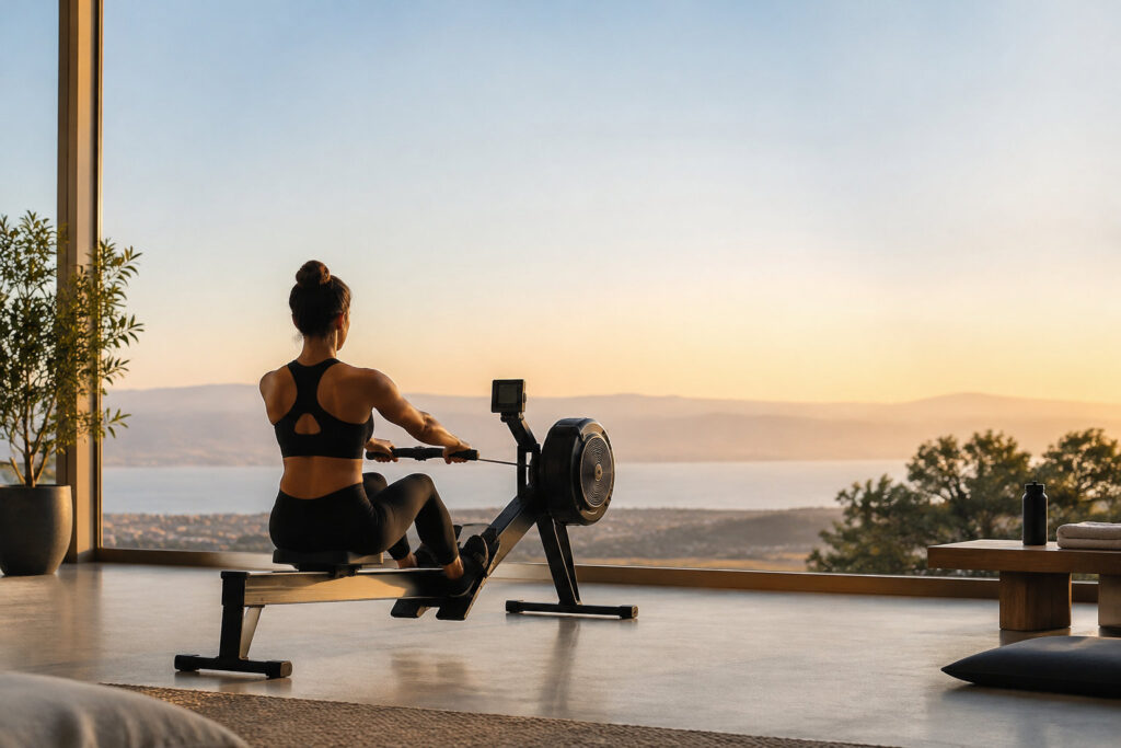 Une femme musclée fait du rameur dans une pièce moderne avec une vue panoramique sur un lac au coucher du soleil.