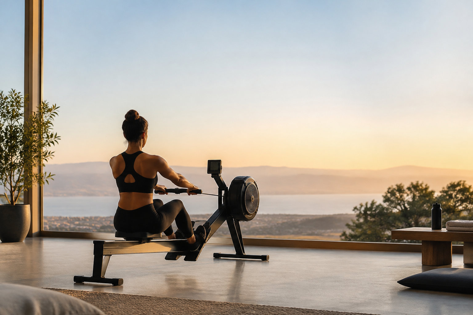 Une femme musclée fait du rameur dans une pièce moderne avec une vue panoramique sur un lac au coucher du soleil.