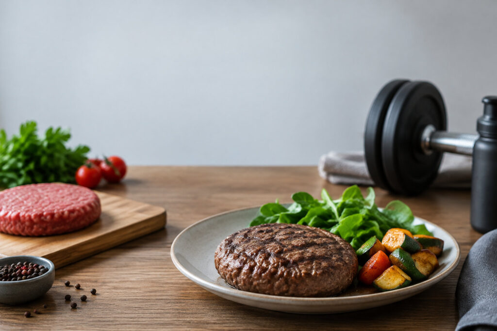 Un steak haché cuit avec légumes et salade sur une table en bois, à côté d'un haltère et de viande crue.