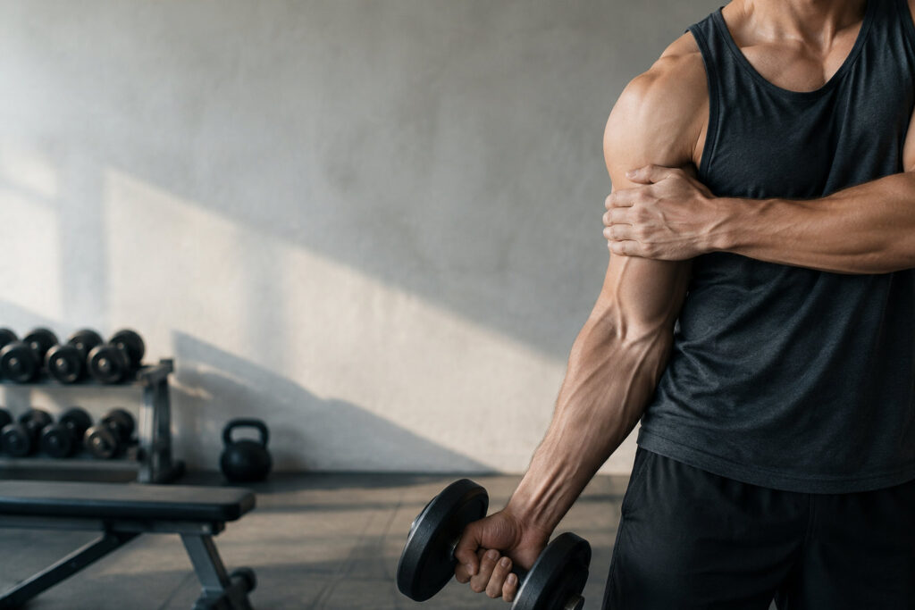 Un athlète en salle de sport se tenant l'épaule et le haut du bras, signe d'une douleur due à une tendinite.