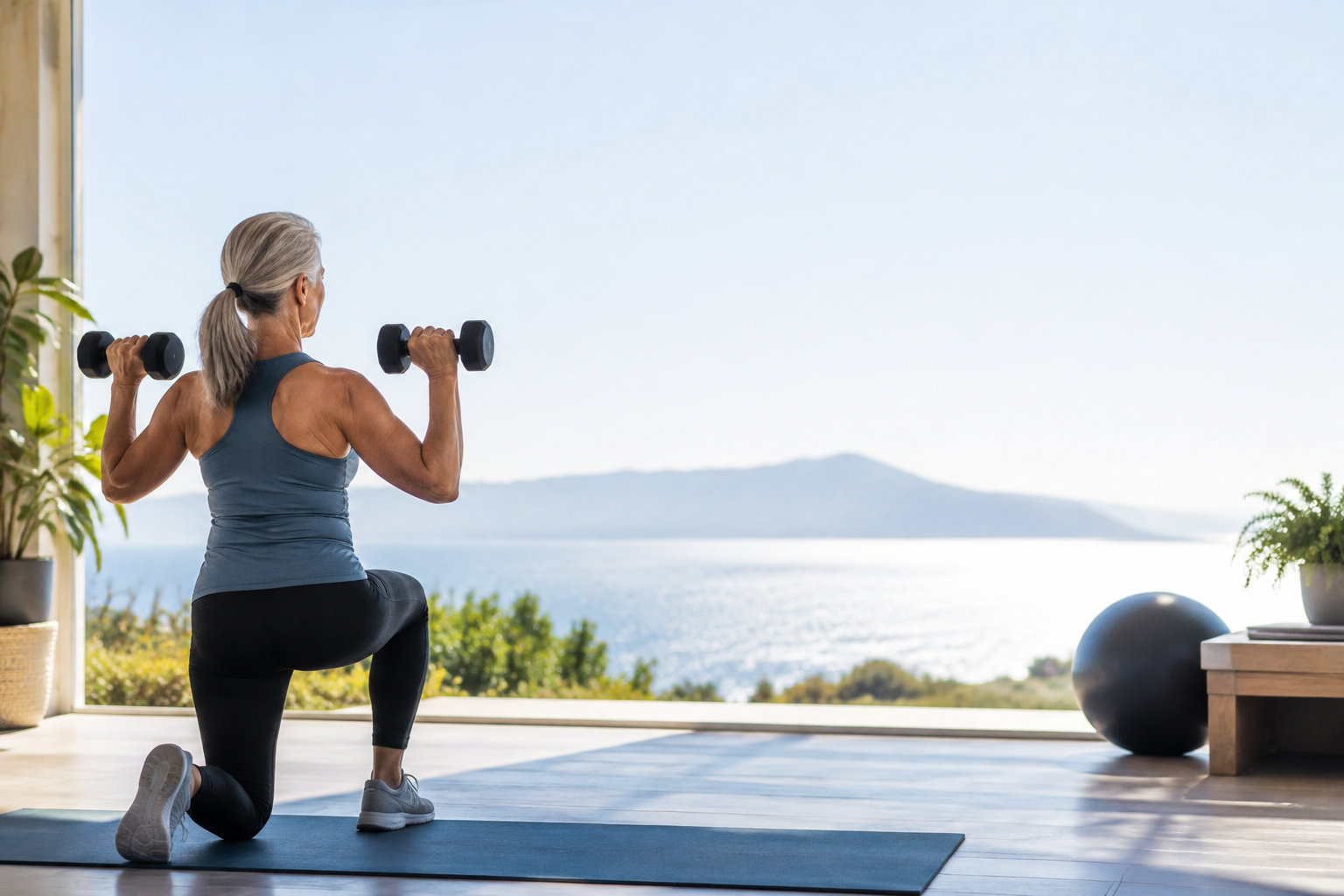 Une femme senior fait des fentes avec des haltères face à une vue panoramique sur la mer.