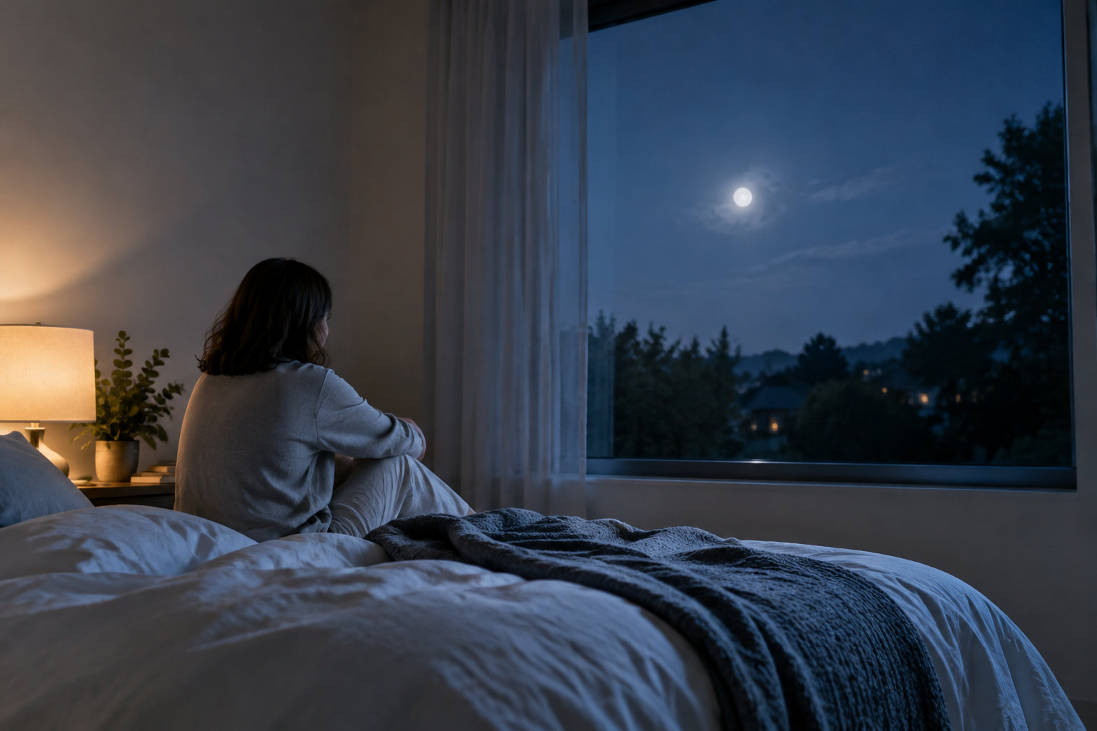 Une femme assise sur son lit, regardant la pleine lune à travers la fenêtre dans une chambre sombre.