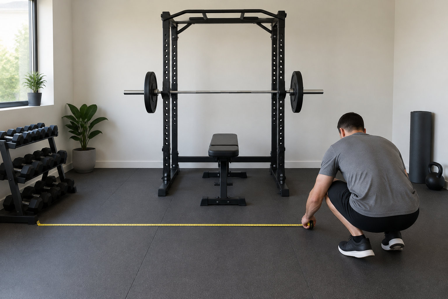 Un homme accroupi mesure le sol avec un mètre ruban dans une salle de sport équipée d’haltères, d’un banc et d’une barre de musculation.