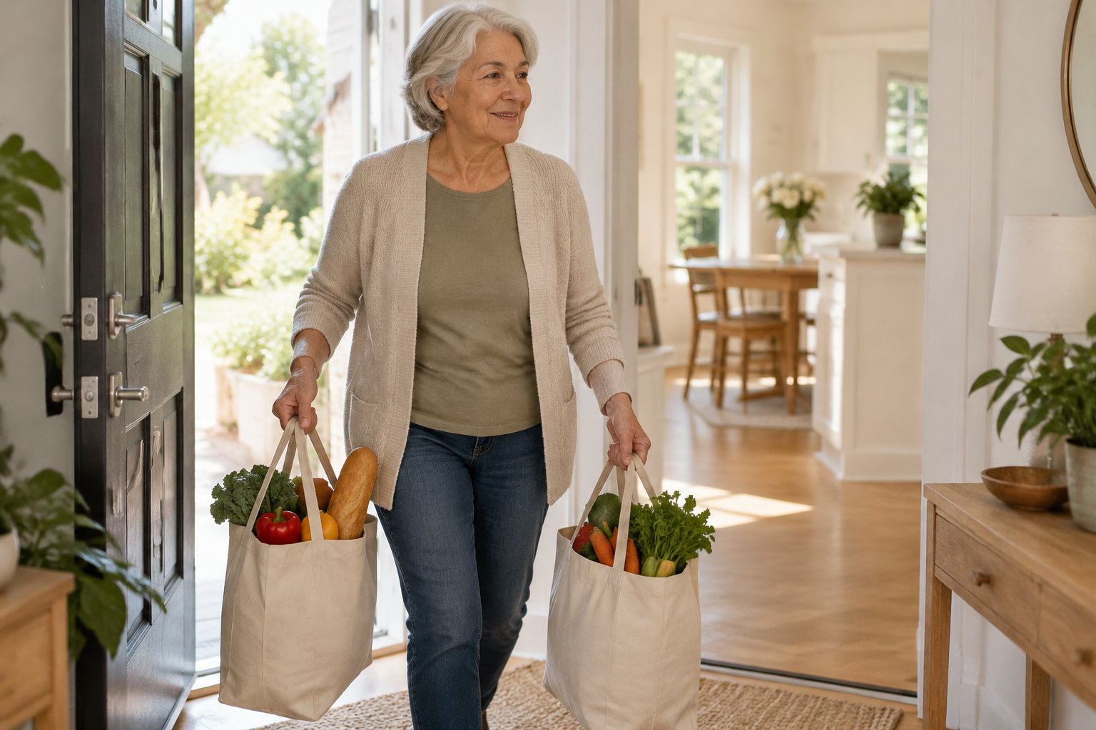 Une femme âgée entre chez elle en portant deux sacs en toile remplis de légumes, de fruits et de pain.