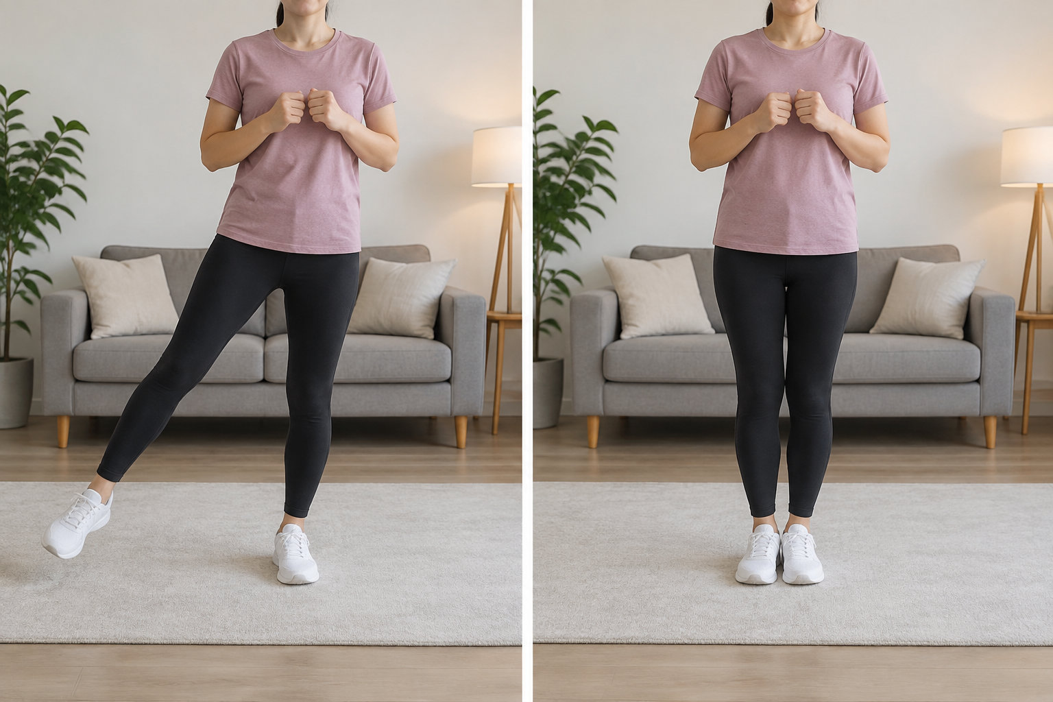Une femme en tenue de sport est montrée en deux positions côte à côte, debout puis avec une jambe tendue sur le côté, dans un salon.